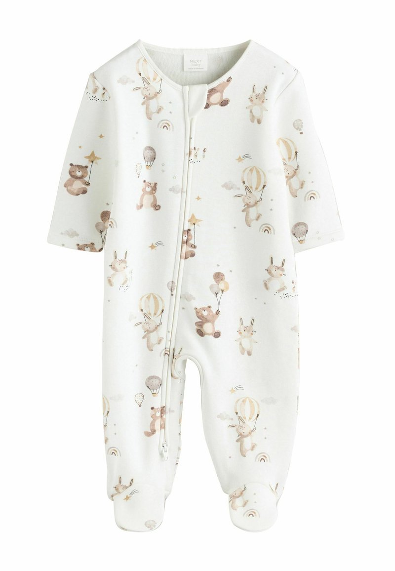 Un body en coton blanc pour bébé à manches courtes, présentant un imprimé fantaisiste d'animaux, de montgolfières et d'arc-en-ciels dans des tons doux de beige et de marron.