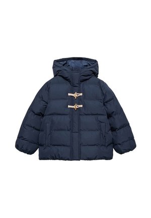 Veste d'hiver matelassée bleu marine avec capuche et deux attaches à bascule beiges sur le devant et les poches latérales.