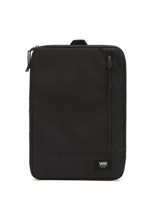 Czarna prostokątna torba na laptopa z pionową kieszenią na zamek i naszywką z logo Vans na przodzie, wykonana z teksturowanej tkaniny z górnym uchwytem.