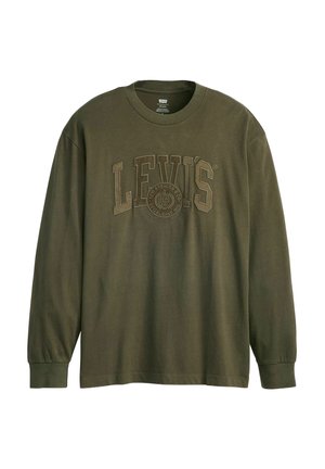 Olivgrön långärmad t-shirt i bomull med en upphöjd Levis-logotyp i ett cirkulärt mönster på framsidan, rund halsringning och ribbade ärmavslut.
