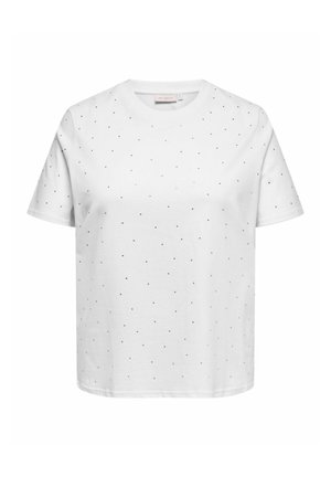 Witte katoenen t-shirt met een ontspannen pasvorm, voorzien van een stippenpatroon van kleine zwarte stippen die gelijkmatig over de stof zijn verdeeld.