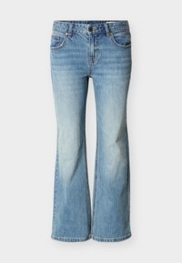 Ανοιχτό μπλε τζιν καμπάνα από denim, με κλασικό σχέδιο με πέντε τσέπες, κλείσιμο με κουμπί και σταδιακή ξεθώριαση προς το τελείωμα.