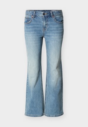 Light blue flared jeans made of denim, featuring a classic five-pocket design, button closure, and gradual fading toward the hem.