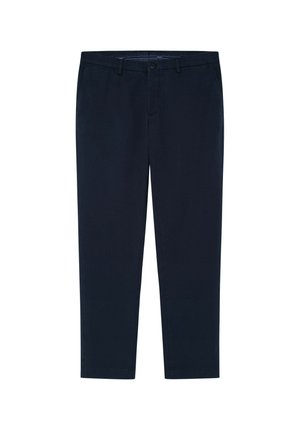 Marineblauwe broek van katoen, met een recht gesneden ontwerp, knoopsluiting en riemlussen. Gladde textuur zonder zichtbare patronen.