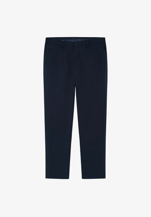 Pantaloni blu navy in cotone, con design a gamba dritta, chiusura con bottone e passanti per cintura. Texture liscia senza motivi visibili.