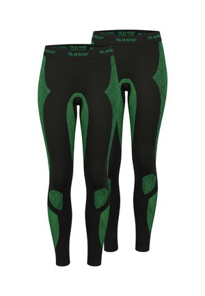Schwarze Thermoleggings mit grünen Akzenten und strukturierten Mustern. Sie bestehen aus flexiblem Material und verfügen über einen breiten Bund mit Markenlogo.
