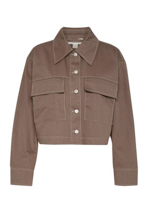 Cropped brown denim jacket featuring a spread collar, silver snap buttons, and two chest pockets with contrasting white stitching details.