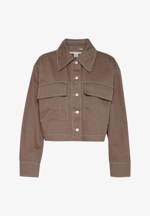 Cropped brown denim jacket featuring a spread collar, silver snap buttons, and two chest pockets with contrasting white stitching details.