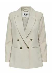 Blazer beige doppiopetto con bottoni dorati, rever a lancia e due tasche frontali. Realizzato in un tessuto liscio con una vestibilità su misura.