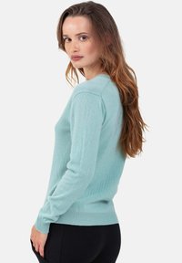 Pull vert menthe avec poignets et ourlet côtelés. Texture douce, coupe ajustée et encolure ronde. Porté avec un pantalon noir.