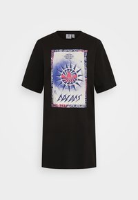 Black cotton t-shirt with short sleeves, featuring a colorful graphic design of a compass and text, with a relaxed fit and crew neckline.