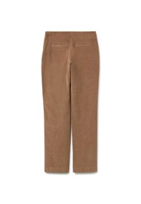 Brown corduroy trousers with a straight fit, two back pockets, and a smooth texture. Simple design with no additional accents or patterns.