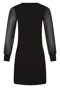 Abito nero con maniche lunghe in tessuto trasparente, corpo aderente, scollatura rotonda e polsini a coste. Texture liscia con una leggera lucentezza sulle maniche.