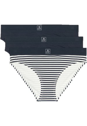 Tre paia di mutandine da donna; due di un blu navy uniforme e una con strisce alternate navy e bianche. Tessuto morbido con cintura elastica.