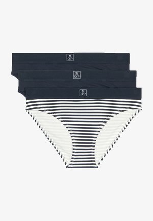 Tre paia di mutandine da donna; due di un blu navy uniforme e una con strisce alternate navy e bianche. Tessuto morbido con cintura elastica.