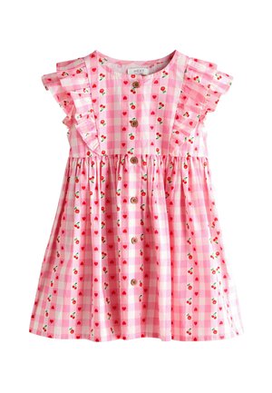 Pink gingham dress with short ruffled sleeves, decorative wooden buttons, and a floral pattern featuring hearts and cherries.