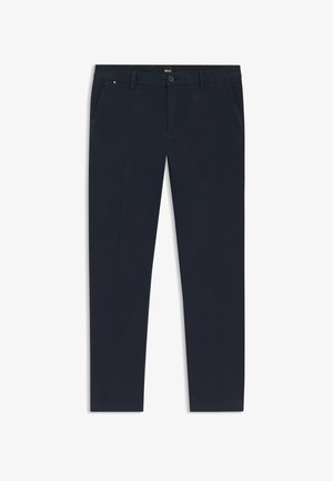 Navy blue trousers made of lightweight fabric, featuring a straight leg design, side pockets, and a front button closure with branding detail.