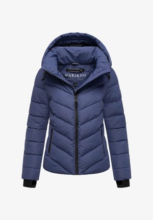 Sinine soojustatud talvejope kapuutsiga, ees lukuga, külgedel lukuga taskud ja mustad sisekäiste ääred.