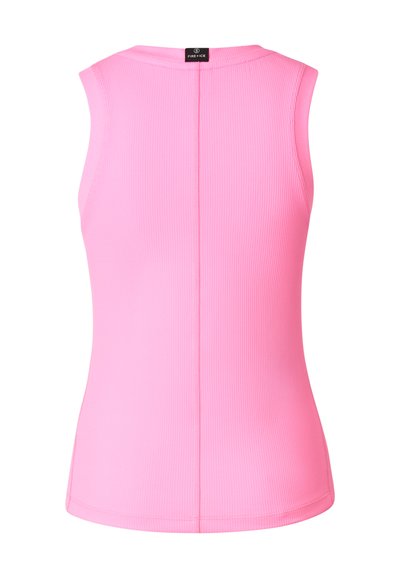 Ärmelloses, rosa, geripptes Tanktop mit rundem Ausschnitt und sichtbarer, vertikaler Naht entlang der Rückenmitte, mit dem Aufdruck "Fire + Ice" am Kragen.