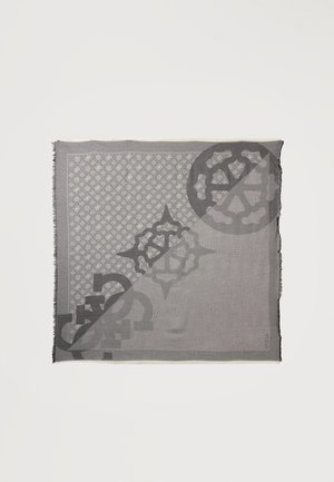 Square gray scarf with geometric and abstract motifs in varying shades, fringed edges, and a small visible brand name in one corner.