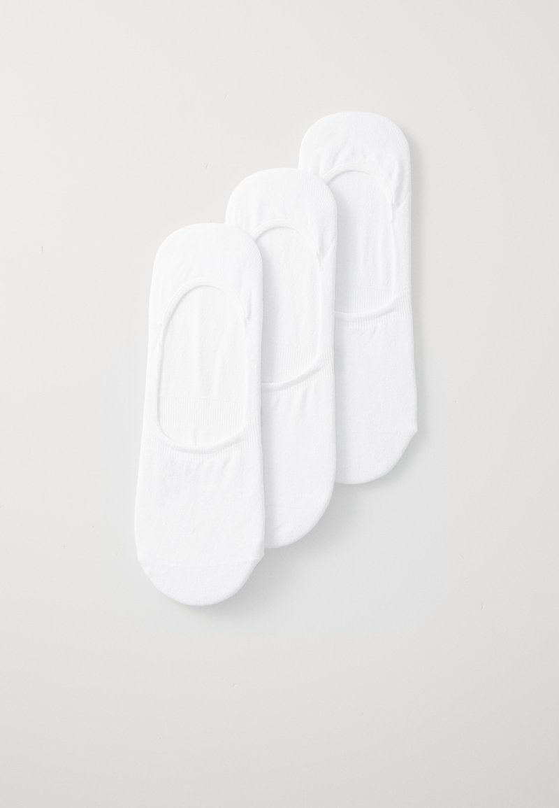 Três pares de meias brancas de algodão invisíveis com uma textura suave, bordas arredondadas e aberturas elásticas para um ajuste seguro.