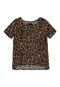 Koszulka krótki rękaw w wzór lamparta, z okrągłym dekoltem, przezroczystą fakturą i luźnym krojem, z czarnymi i beżowymi akcentami kolorystycznymi.