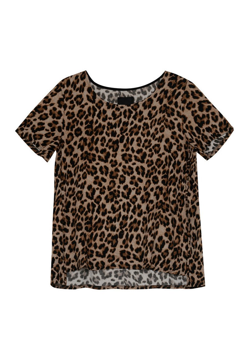 Koszulka krótki rękaw w wzór lamparta, z okrągłym dekoltem, przezroczystą fakturą i luźnym krojem, z czarnymi i beżowymi akcentami kolorystycznymi.