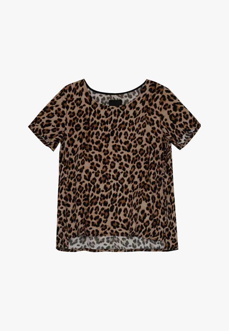 Koszulka krótki rękaw w wzór lamparta, z okrągłym dekoltem, przezroczystą fakturą i luźnym krojem, z czarnymi i beżowymi akcentami kolorystycznymi.