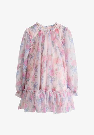 Cvetlična obleka iz prozornega, lahkega materiala z vzorci rož v roza in modri barvi, z volančastim ovratnikom in rokavi ter večslojnim volančastim robom.