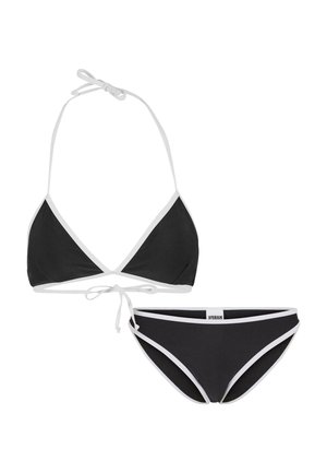 Set de bikini negru cu accente albe; partea superioară triunghiulară dispune de șnururi ajustabile, iar partea de jos are o croială sportivă cu detalii laterale.