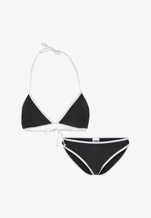 Mustmustükk mustade ja valgete aktsentidega; kolmnurkne rinnahoidja reguleeritavate sidemetega ning bikiinipõhjad sportliku lõikega külje detailidega.