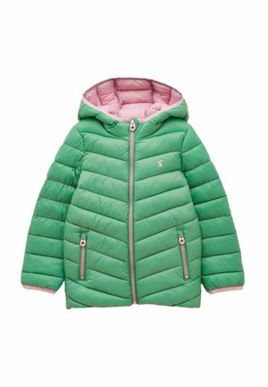 Groene doorgestikte gewatteerde jas met capuchon, voorzien van een roze ritssluiting, ritsen van de zakken en voering, met een klein geborduurd logo op de borst.