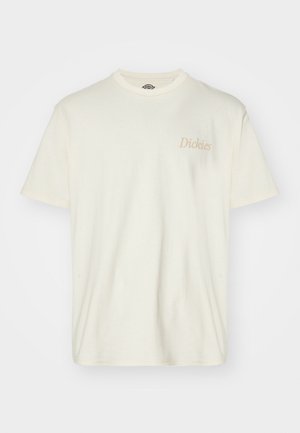 Short-sleeve cream t-shirt made of cotton, featuring a subtle logo in beige on the left chest area. Classic crew neckline and relaxed fit.