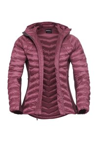 Giacca imbottita da donna in mauve con motivo trapuntato, cappuccio, zip frontale e tasche laterali con zip, mostrata aperta.
