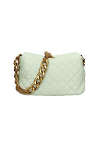 Borsa a tracolla trapuntata verde menta con catena dorata. Presenta una superficie liscia e una forma rettangolare con delicati motivi a diamante.