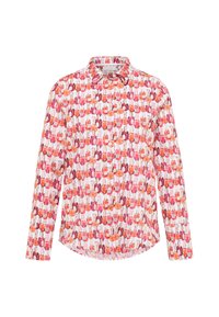 Camicetta a maniche lunghe in tessuto bianco con un motivo colorato di vari flaconi di smalto per unghie nelle tonalità di rosa, arancio e rosso.
