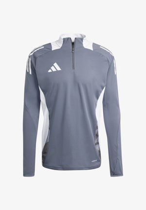 Grijze sportieve longsleeve shirt met een kwart-rits kraag, witte accenten en zijpanelen met een geometrisch patroon. Het materiaal lijkt glad.