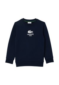 Sweat-shirt bleu marine en mélange de coton, avec un col rond, des manches longues, des poignets côtelés et un logo de crocodile brodé en blanc.