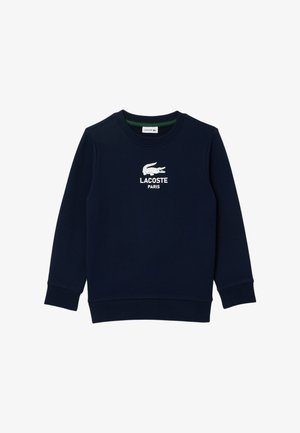 Sweat-shirt bleu marine en mélange de coton, avec un col rond, des manches longues, des poignets côtelés et un logo de crocodile brodé en blanc.