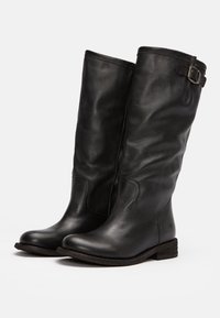 Knee-high black leather boots with a smooth texture, rounded toe, flat wooden heel, and a decorative side buckle accent.