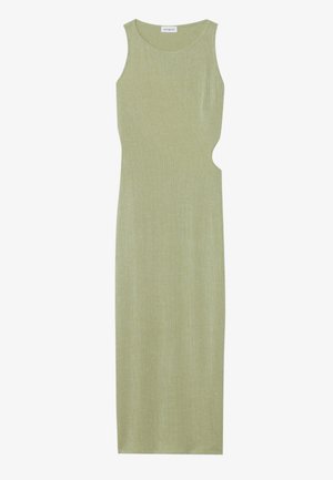 Geribbeld, mouwloos maxi-jurkje in lichtgroen met een uitsnijding. Beschikt over een getailleerd silhouet en een zachte, textuurstof.