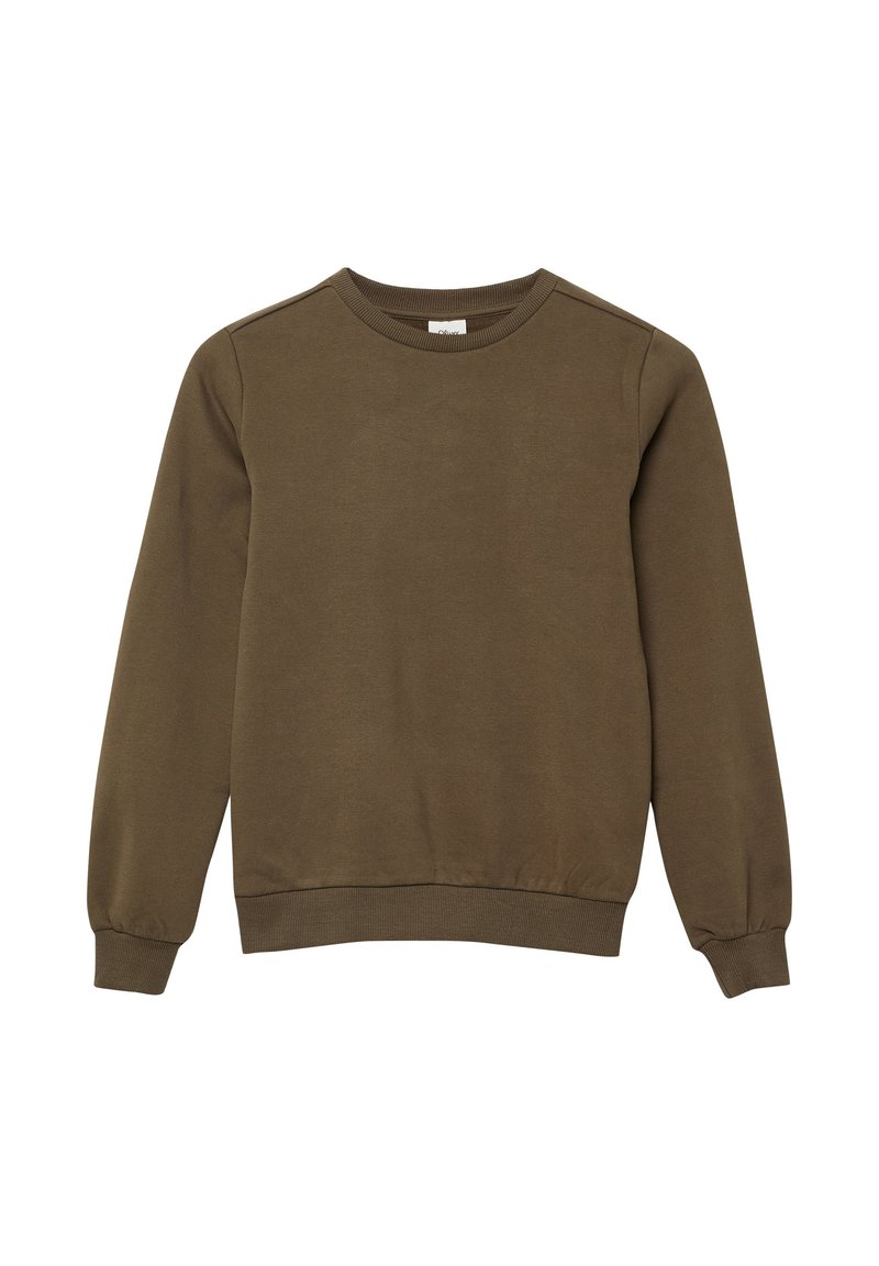 Gładki brązowy długi rękaw crewneck z ribbingowanymi mankietami i dołem, rozłożony na białym tle.