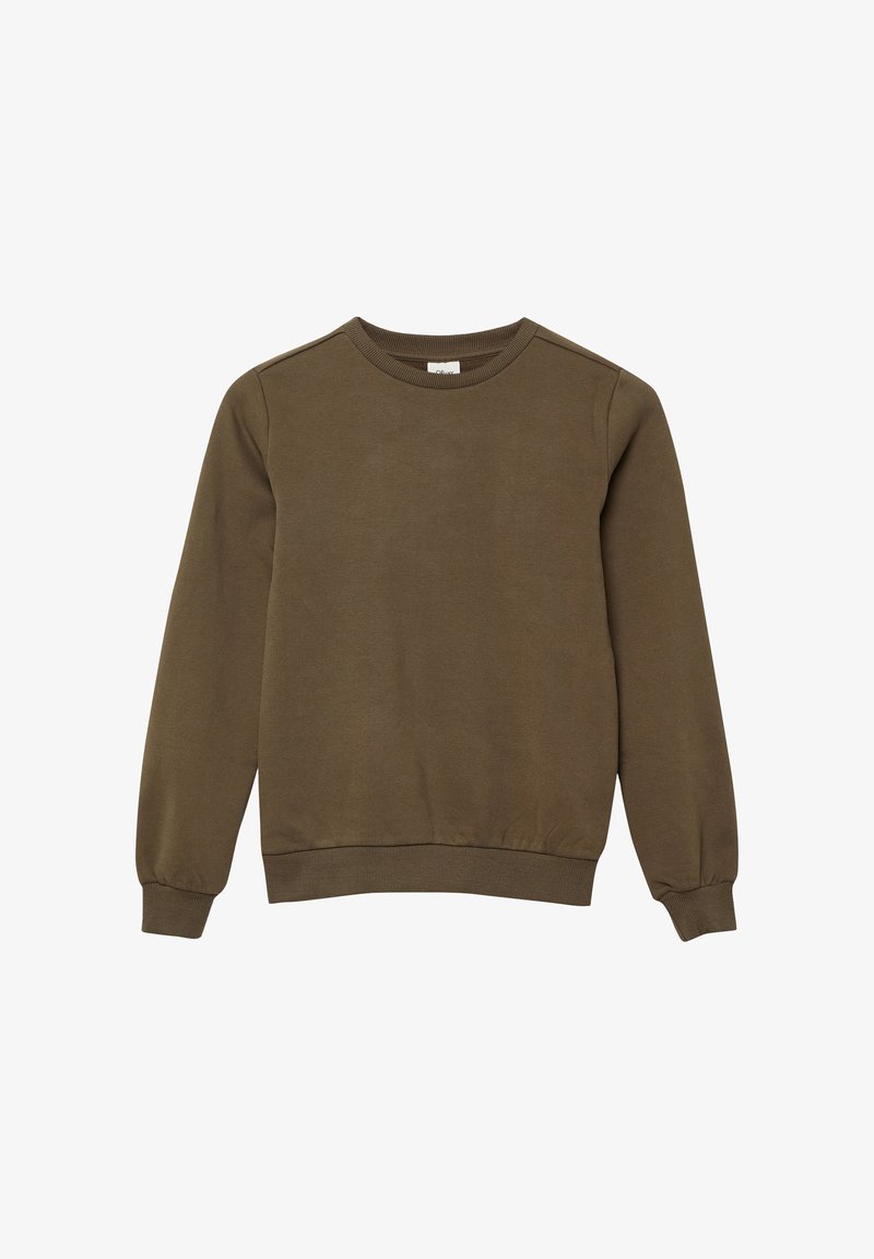 Effen bruine langemouwen crewneck sweatshirt met ribgebreide manchetten en zoom, plat gelegd op een witte achtergrond.