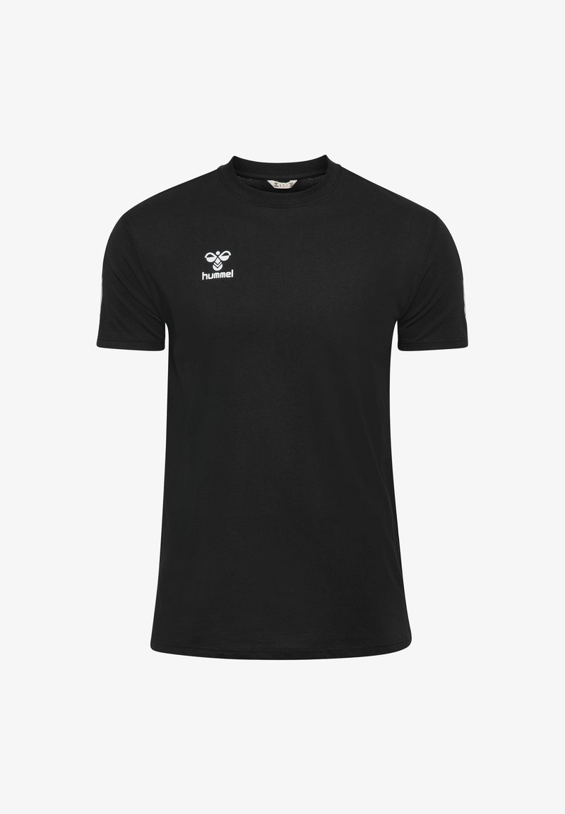 Schwarzes T-Shirt mit kurzen Ärmeln aus Baumwolle und rundem Ausschnitt. Mit einem weißen Logo auf der linken Brust. Glatte Textur und klassischer Schnitt.