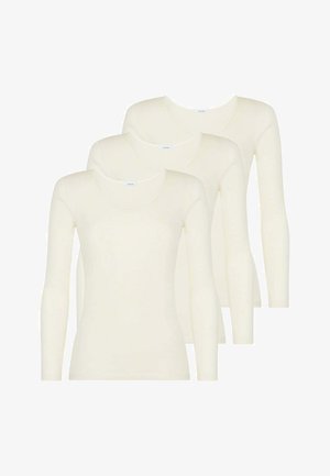 Tre maglie a maniche lunghe in un tessuto morbido color avorio. Presentano una scollatura rotonda e maniche aderenti, progettate per un look classico.