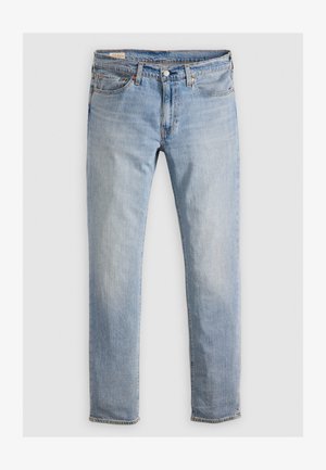 Jeans in denim blu chiaro con design a gamba dritta, stile a cinque tasche, chiusura con bottone in metallo e dettagli di cucitura in contrasto.