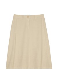 Beige Baumwollrock mit A-Linien-Form, vorderem Knopfverschluss und zwei vertikalen Nähten. Flache Textur und knielanges Design.