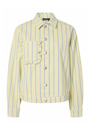 Lysegul jakke med lodrette blå striber, sølvfarvede knapper foran og en flæset lomme på venstre bryst.