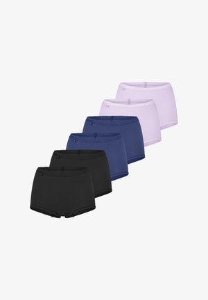 Seks par boxer shorts i sort, marineblå og lavendel farver, der har en glat overflade og elastisk talje.