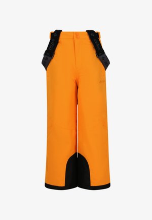 Helle orangefarbene Schneehose mit schwarzen verstärkten Bündchen und verstellbaren schwarzen Hosenträgern mit der Aufschrift "Zigzag".